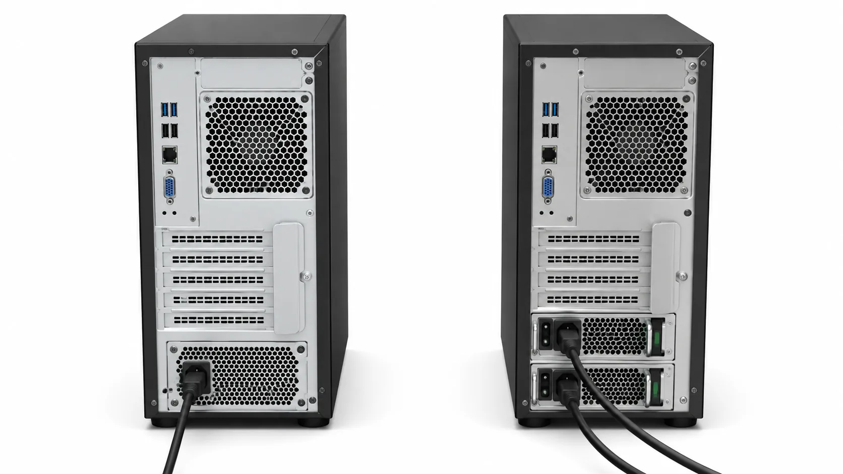 Tower server installation showing power cord, airflow clearance, and rear service space