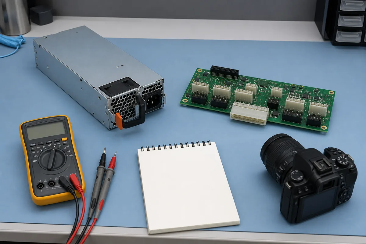 Unpowered server PSU and PDB prepared for connector documentation and continuity tracing