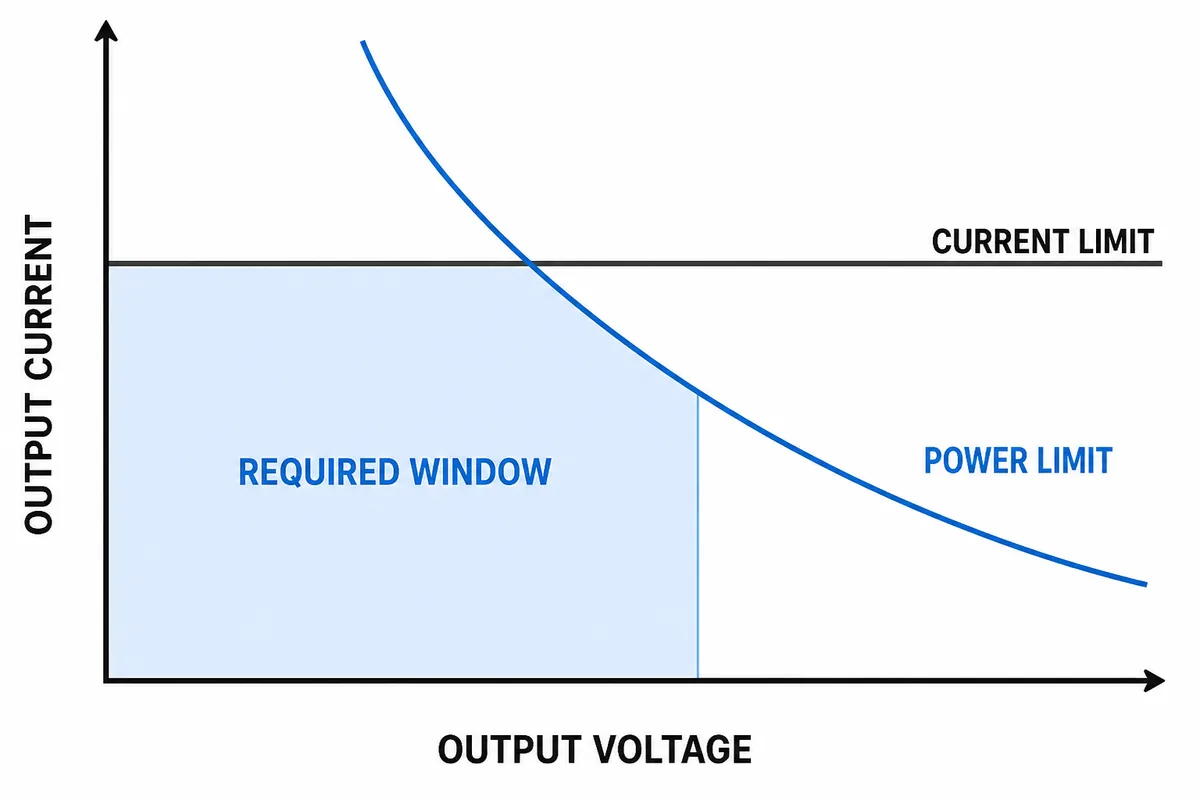 Voltage and current operating-window diagram for an adjustable power supply