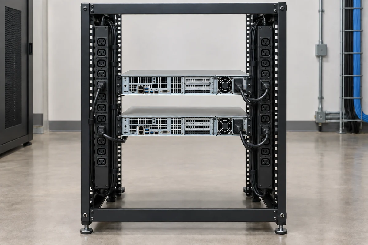 Dual rack PDUs beside server power cords