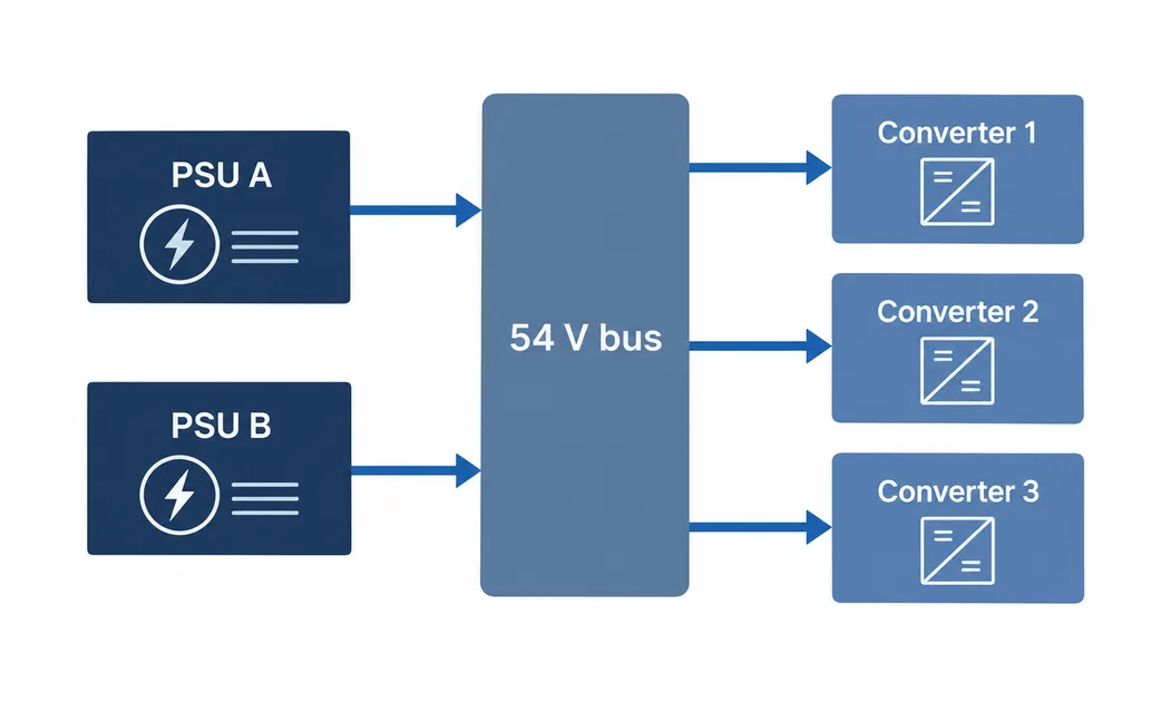 Dual server power modules feeding converters