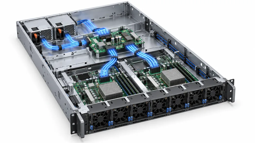 Conceptual power path through a complete server chassis and distribution boards