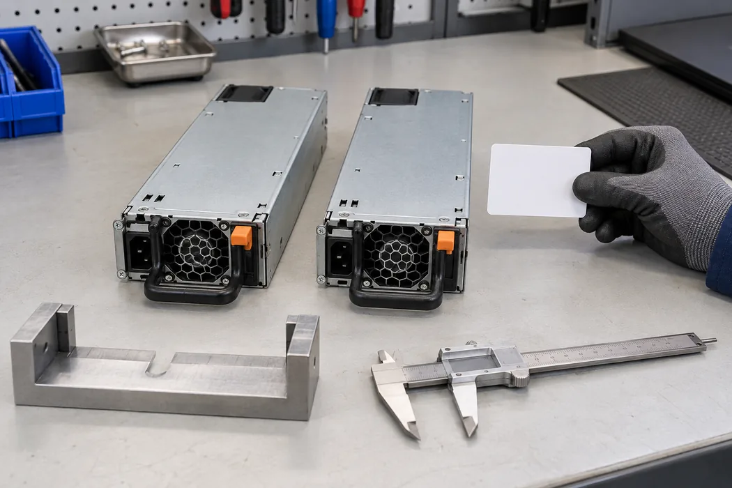 Complete server power modules undergoing identification and mechanical inspection