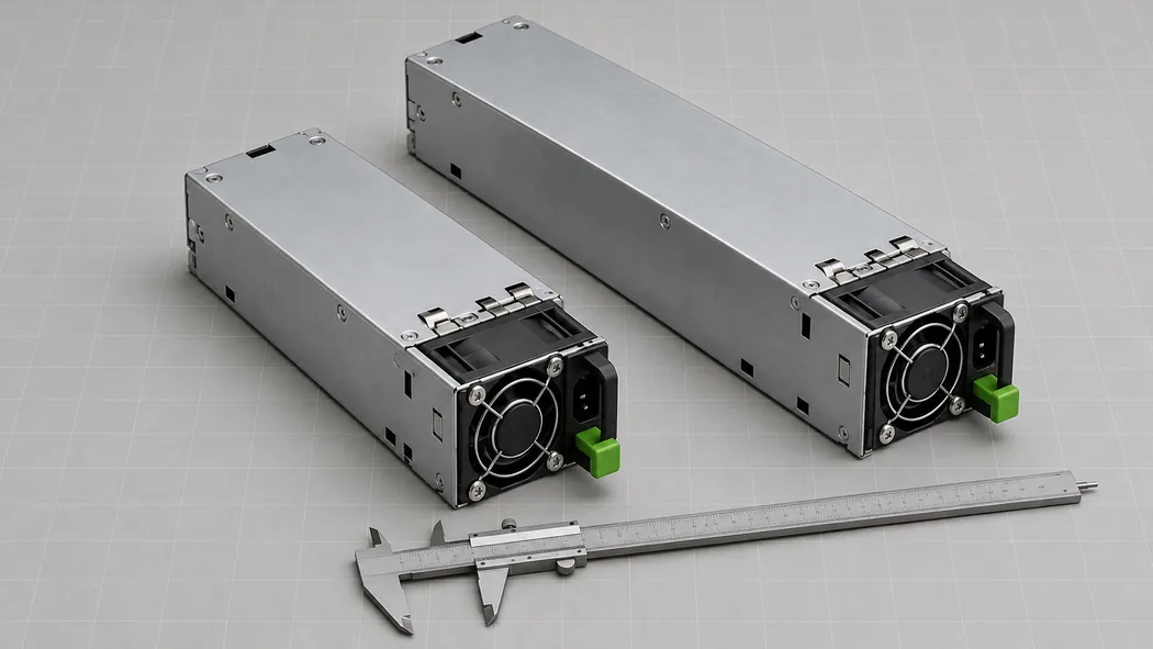 Long and short server power modules beside a caliper