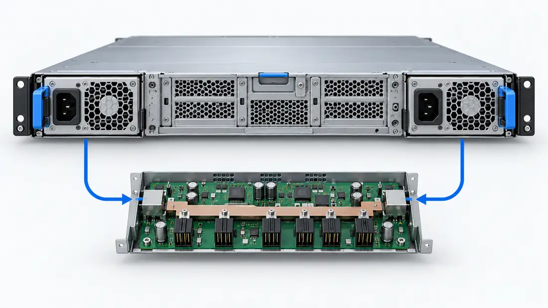 Redundant server modules and power distribution board